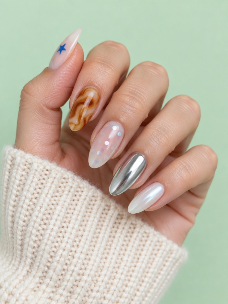 Hand with mixed nail art designs